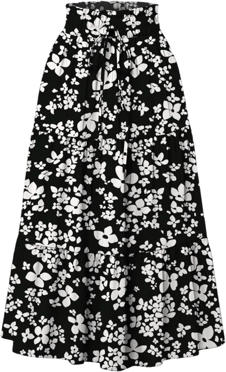 Floral Midi Skirts for Women Summer Comfy Tiered Elastic High Waisted Skirts Vacation A Line Flowy Swing Maxi Skirt