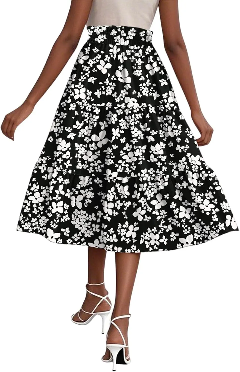 Floral Midi Skirts for Women Summer Comfy Tiered Elastic High Waisted Skirts Vacation A Line Flowy Swing Maxi Skirt