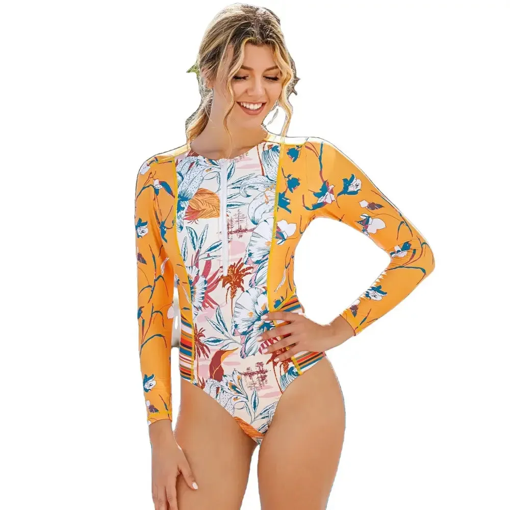 Floral Orange Swimwear With Zipper