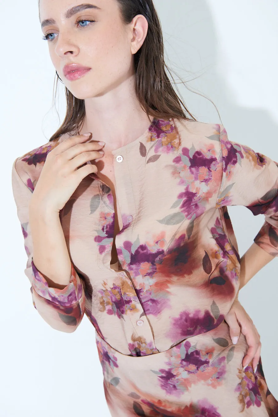 Floral print button-up blouse wholesale