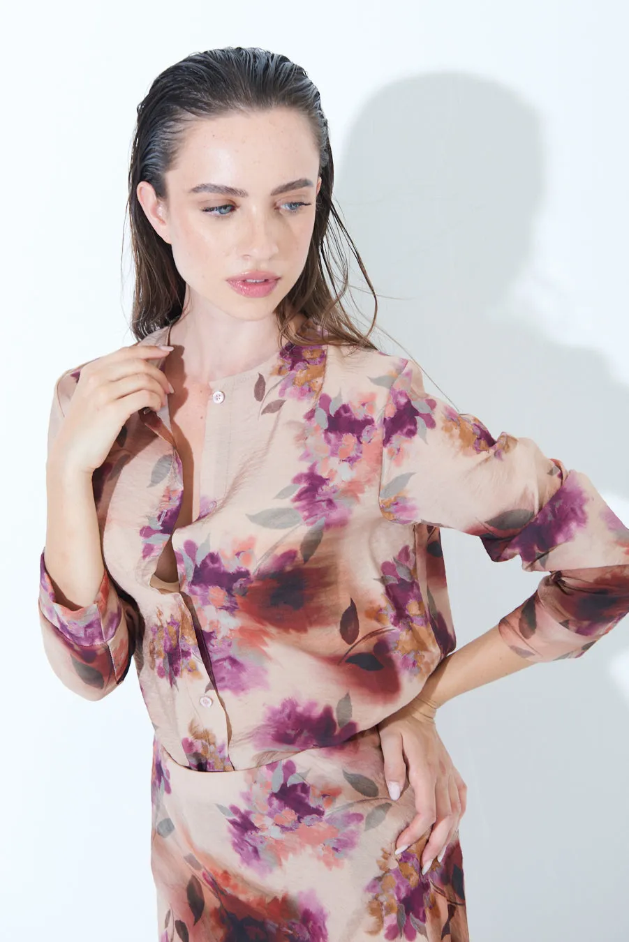 Floral print button-up blouse wholesale