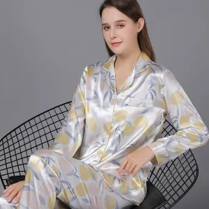Floral Print Lapel Collar Satin Pajamas
