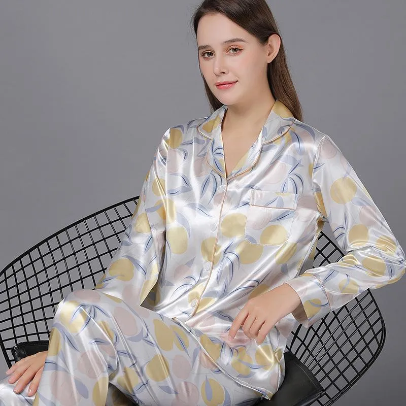 Floral Print Lapel Collar Satin Pajamas