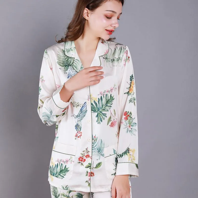Floral Print Lapel Collar Satin PJ Set