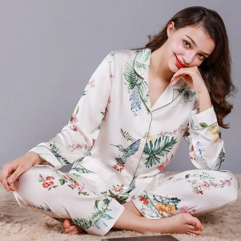 Floral Print Lapel Collar Satin PJ Set