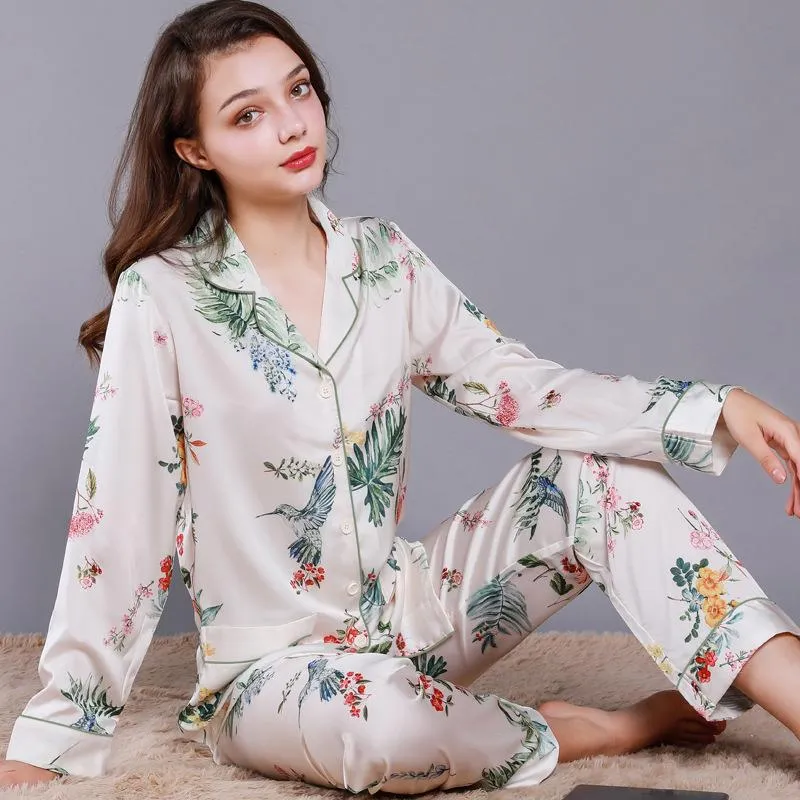Floral Print Lapel Collar Satin PJ Set