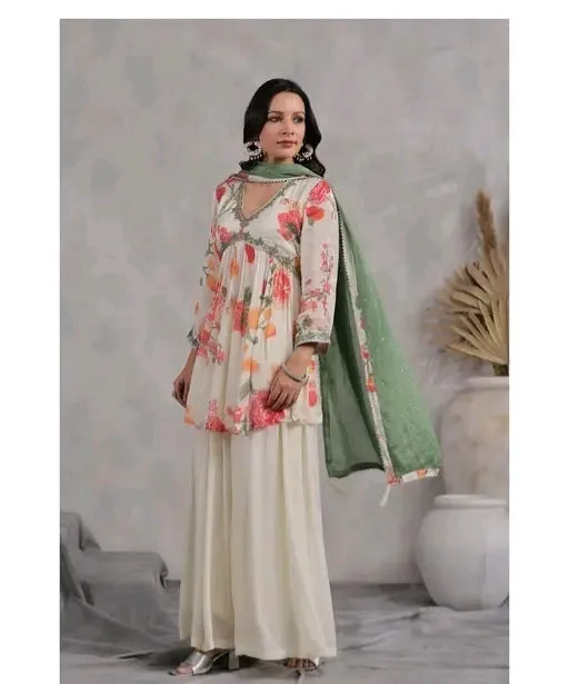 Floral Print Sharara Set With Embroidery
