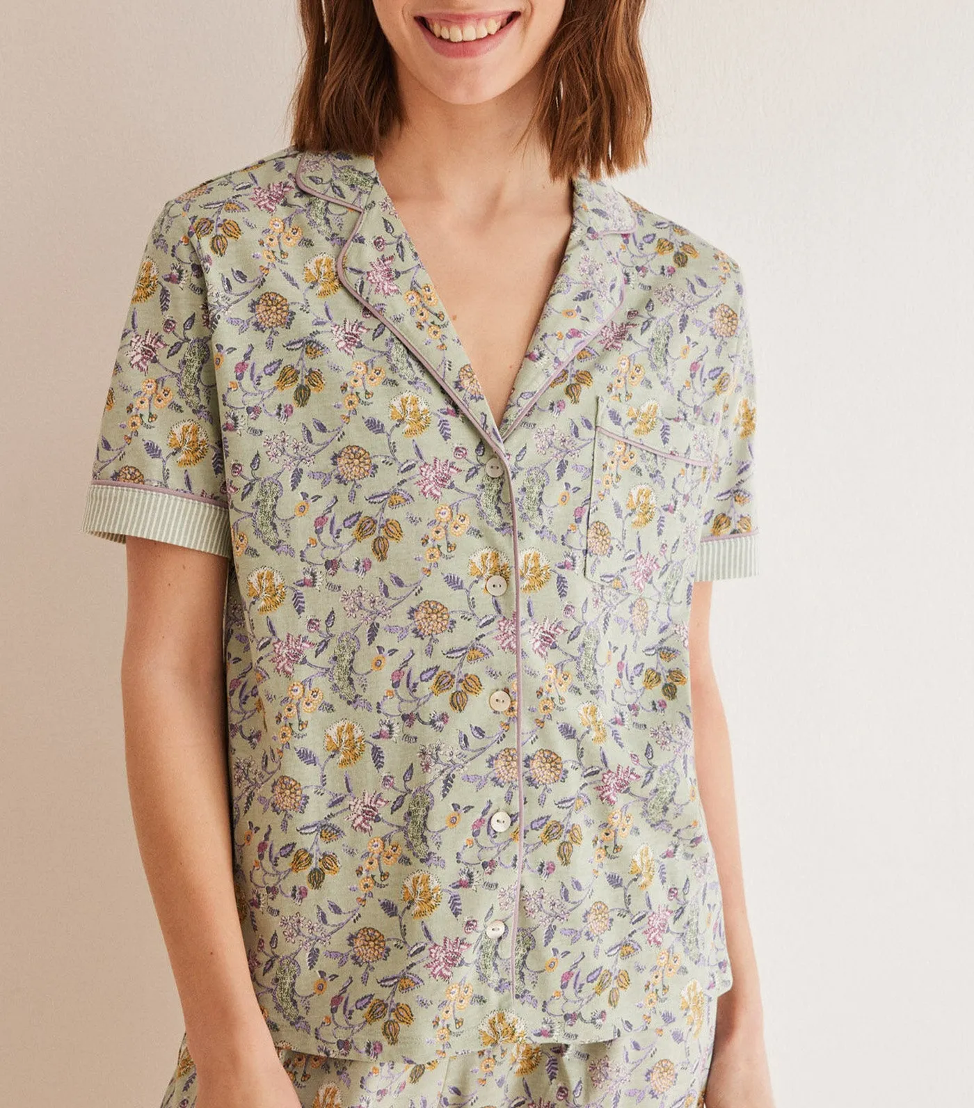 Floral Short Sleeve Shirt Pajamas Green