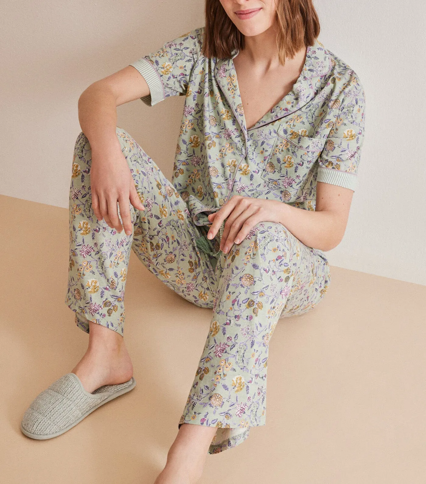 Floral Short Sleeve Shirt Pajamas Green