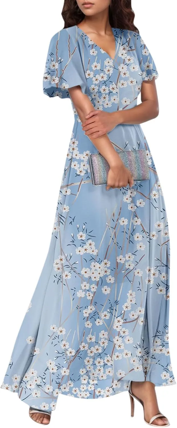 Floral Summer Maxi Dresses for Women Elegant Ruffle Sleeve Garden Party Dress Tulle Chiffon Wedding Guest Dresses
