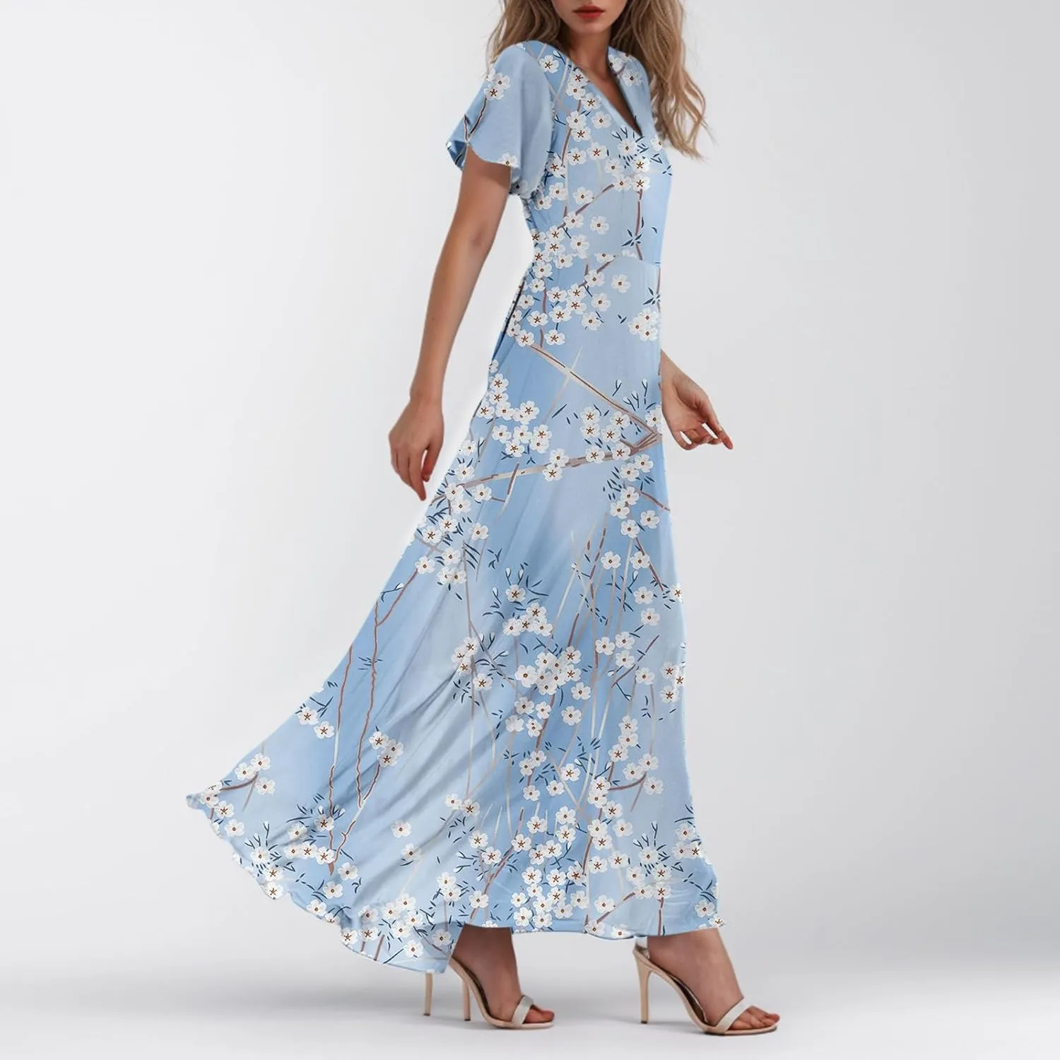 Floral Summer Maxi Dresses for Women Elegant Ruffle Sleeve Garden Party Dress Tulle Chiffon Wedding Guest Dresses