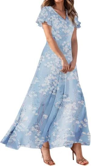 Floral Summer Maxi Dresses for Women Elegant Ruffle Sleeve Garden Party Dress Tulle Chiffon Wedding Guest Dresses