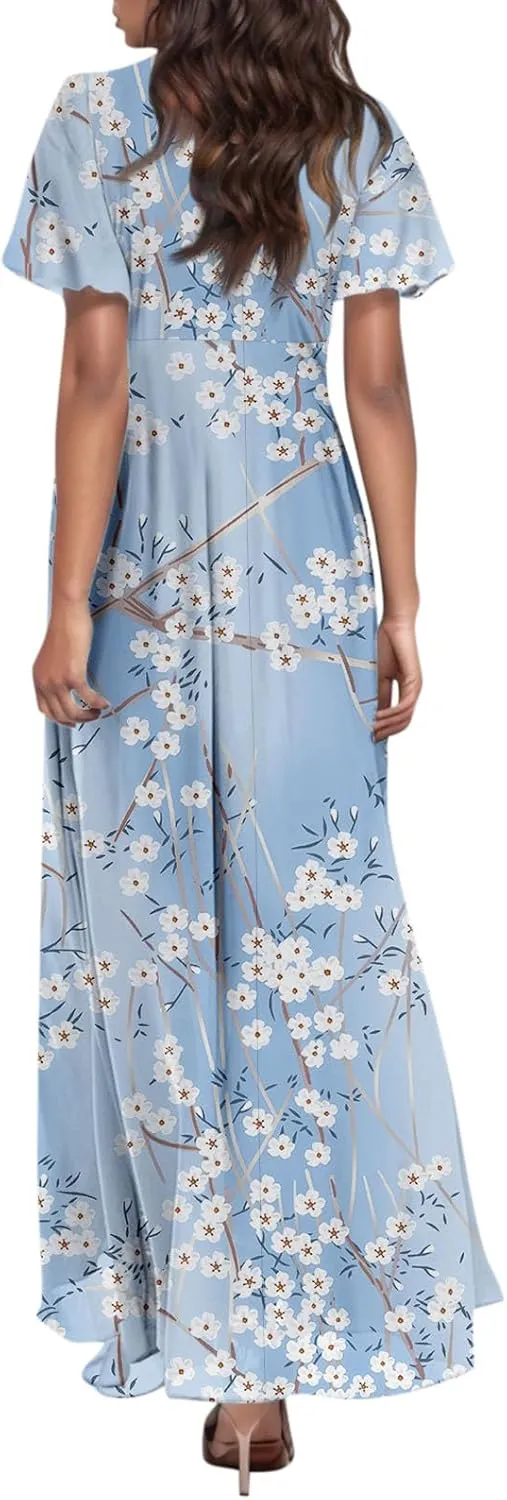 Floral Summer Maxi Dresses for Women Elegant Ruffle Sleeve Garden Party Dress Tulle Chiffon Wedding Guest Dresses