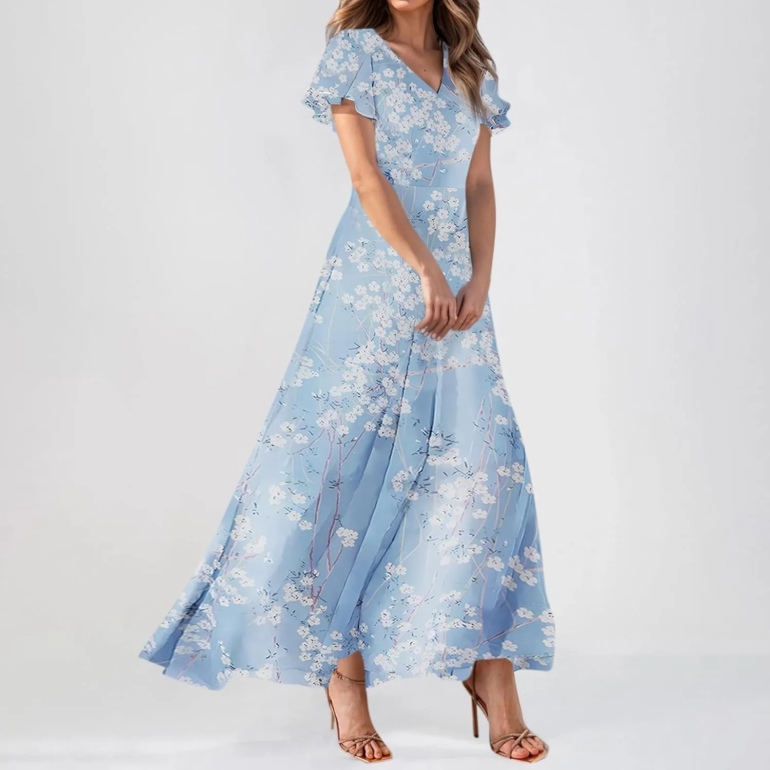Floral Summer Maxi Dresses for Women Elegant Ruffle Sleeve Garden Party Dress Tulle Chiffon Wedding Guest Dresses