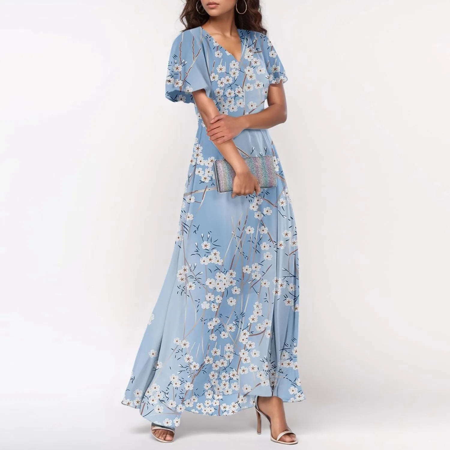 Floral Summer Maxi Dresses for Women Elegant Ruffle Sleeve Garden Party Dress Tulle Chiffon Wedding Guest Dresses