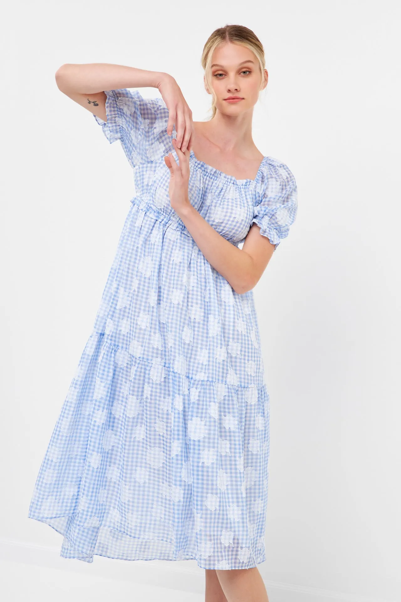 Floral Texture with Gingham Printed Midi Dress