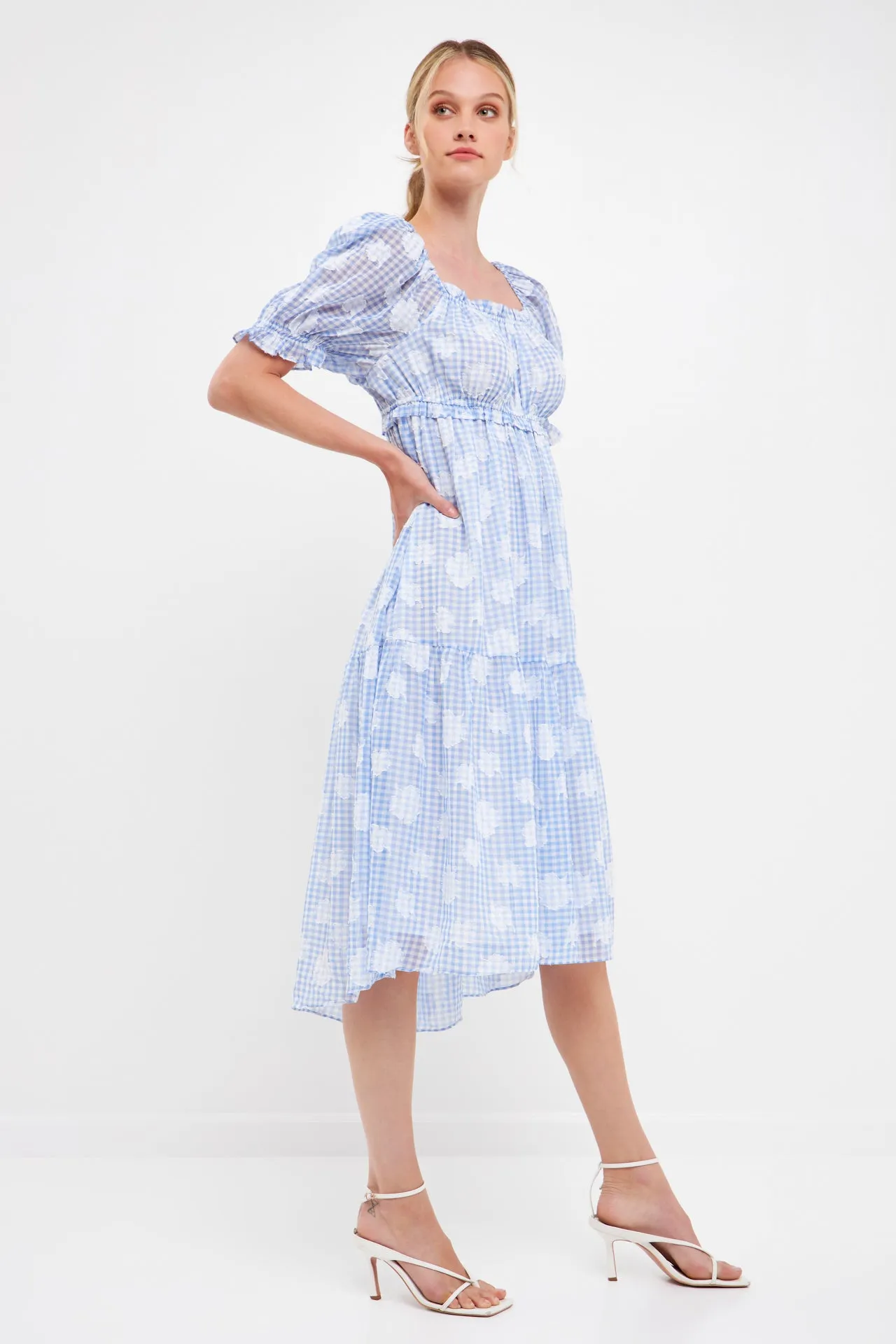 Floral Texture with Gingham Printed Midi Dress