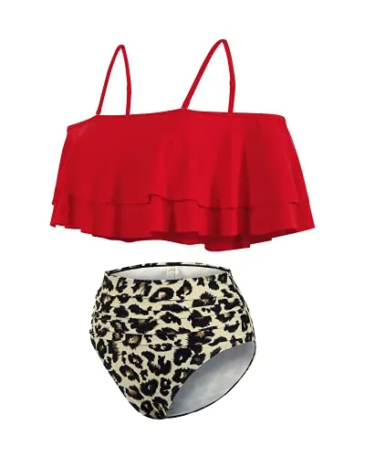 Flounce Off Shoulder Two Piece Bathing Suit-Red And Leopard