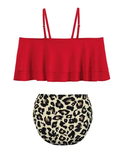 Flounce Off Shoulder Two Piece Bathing Suit-Red And Leopard