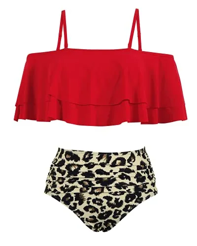Flounce Off Shoulder Two Piece Bathing Suit-Red And Leopard