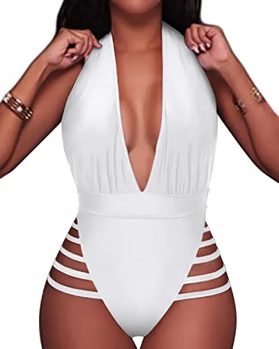 Flounce Ruffled Off Shoulder Plunge Deep V Neck One Piece Swimsuits-White