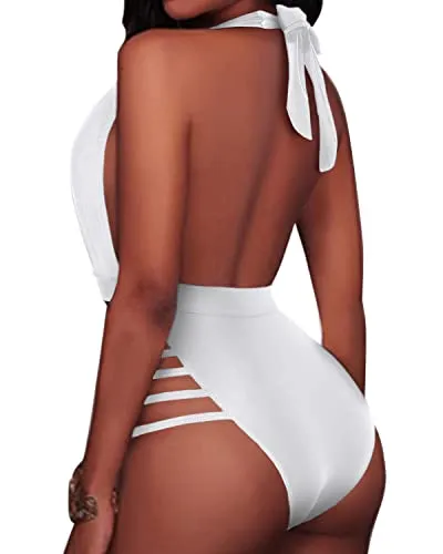 Flounce Ruffled Off Shoulder Plunge Deep V Neck One Piece Swimsuits-White