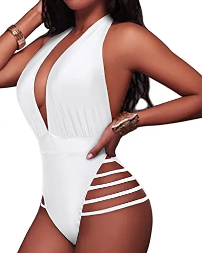 Flounce Ruffled Off Shoulder Plunge Deep V Neck One Piece Swimsuits-White
