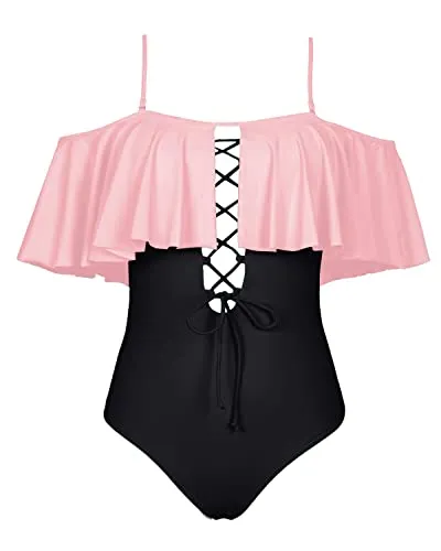 Flounce Strapless One Piece Suit For Juniors-Pink And Black