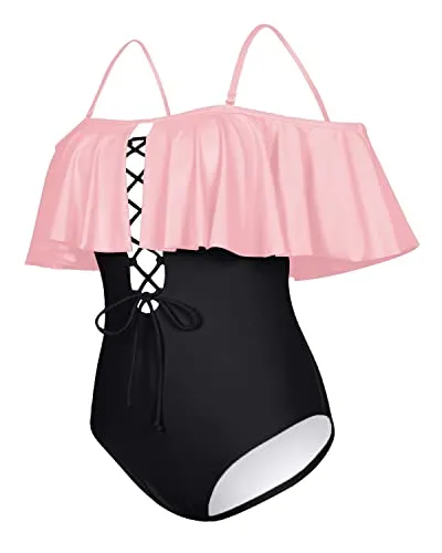 Flounce Strapless One Piece Suit For Juniors-Pink And Black