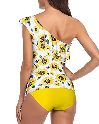 Flounce Trimmed Tankini One Shoulder Swimsuits For Women-Yellow And Sunflower