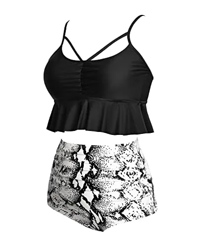 Flounced Two Piece Tummy Control Swimsuits For Women Tummy Control Bikini Sets-Black And White Snake Print
