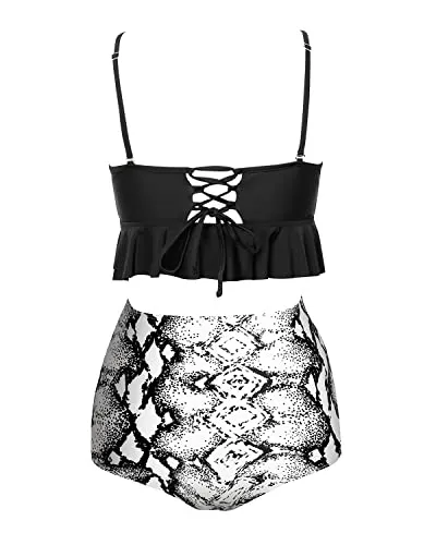 Flounced Two Piece Tummy Control Swimsuits For Women Tummy Control Bikini Sets-Black And White Snake Print