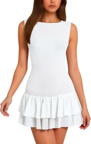 Flower Girl Dresses Mini Dress Double Layered Ruffle Hem Ruched Tiered Skirt Bodycon Sleeveless Tank Dresses