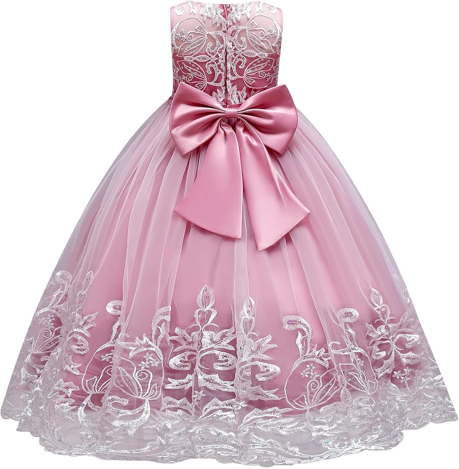 Flower Girl Lace Dress for Kids Wedding Bridesmaid Pageant Party Formal Long Gown Princess Communion Tulle Bow Dresses