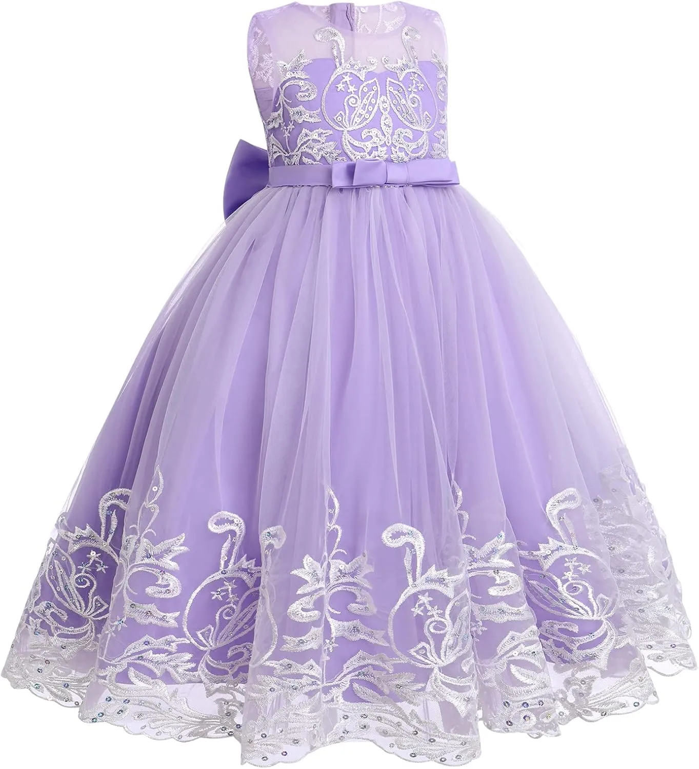 Flower Girl Lace Dress for Kids Wedding Bridesmaid Pageant Party Formal Long Gown Princess Communion Tulle Bow Dresses
