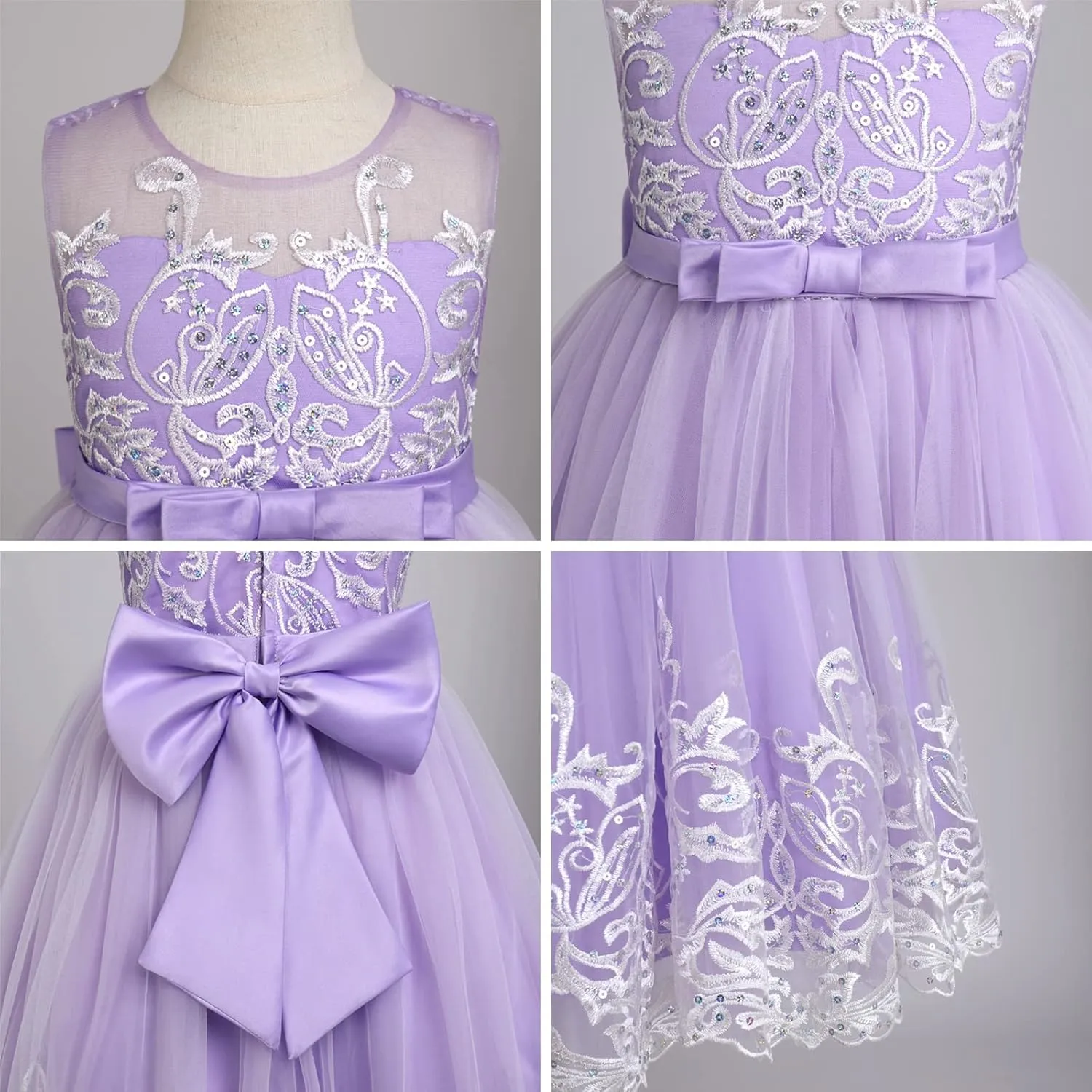 Flower Girl Lace Dress for Kids Wedding Bridesmaid Pageant Party Formal Long Gown Princess Communion Tulle Bow Dresses