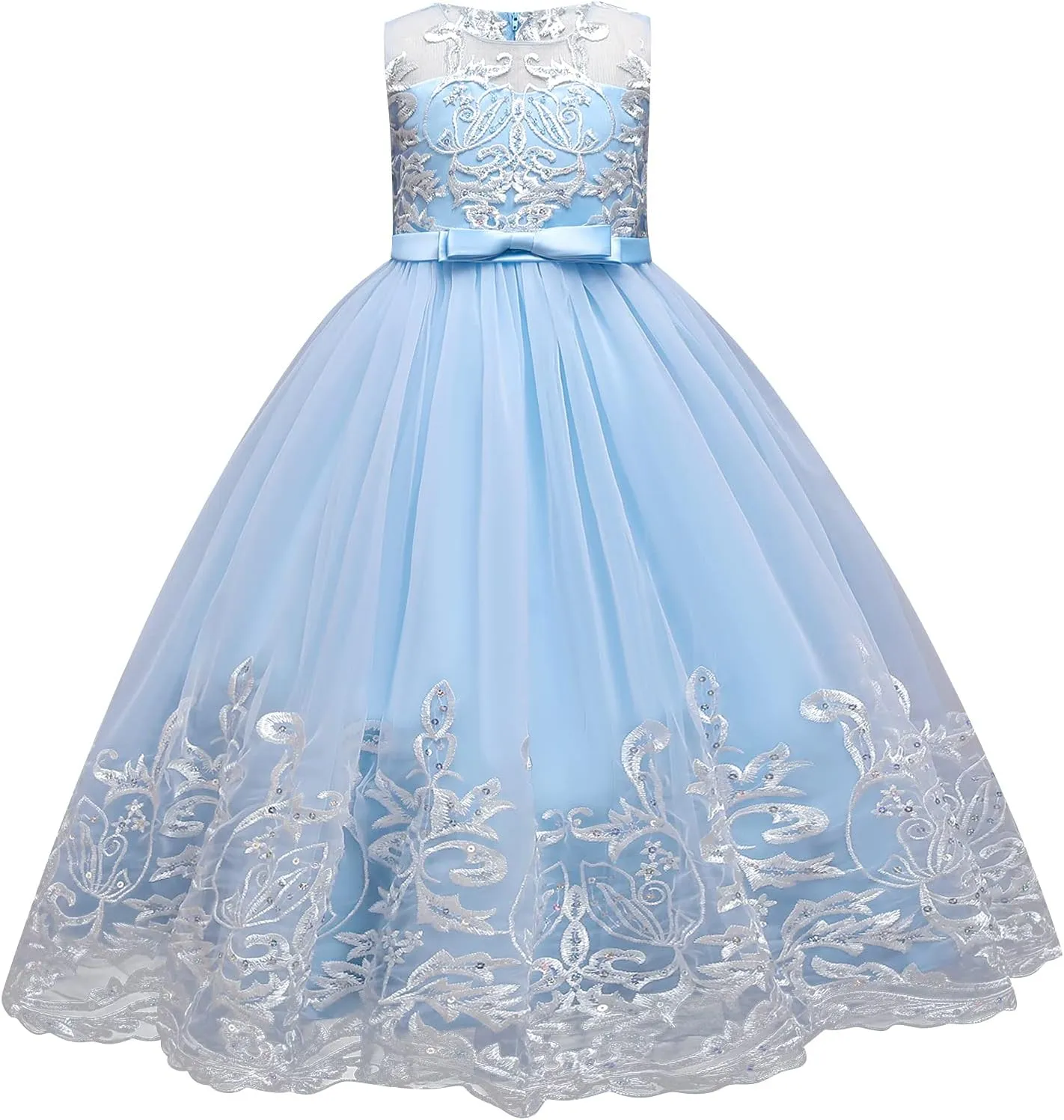 Flower Girl Lace Dress for Kids Wedding Bridesmaid Pageant Party Formal Long Gown Princess Communion Tulle Bow Dresses