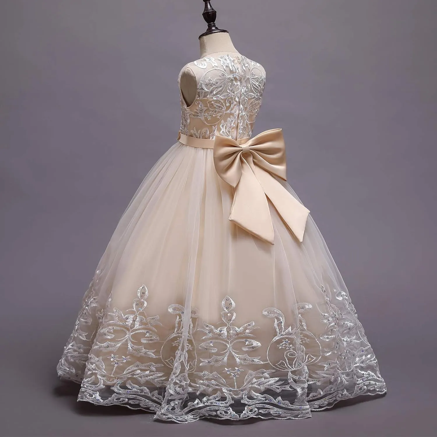 Flower Girl Lace Dress for Kids Wedding Bridesmaid Pageant Party Formal Long Gown Princess Communion Tulle Bow Dresses
