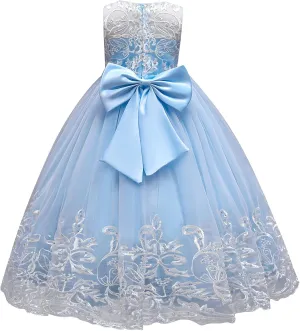 Flower Girl Lace Dress for Kids Wedding Bridesmaid Pageant Party Formal Long Gown Princess Communion Tulle Bow Dresses