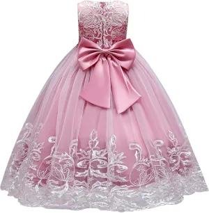 Flower Girl Lace Dress for Kids Wedding Bridesmaid Pageant Party Formal Long Gown Princess Communion Tulle Bow Dresses