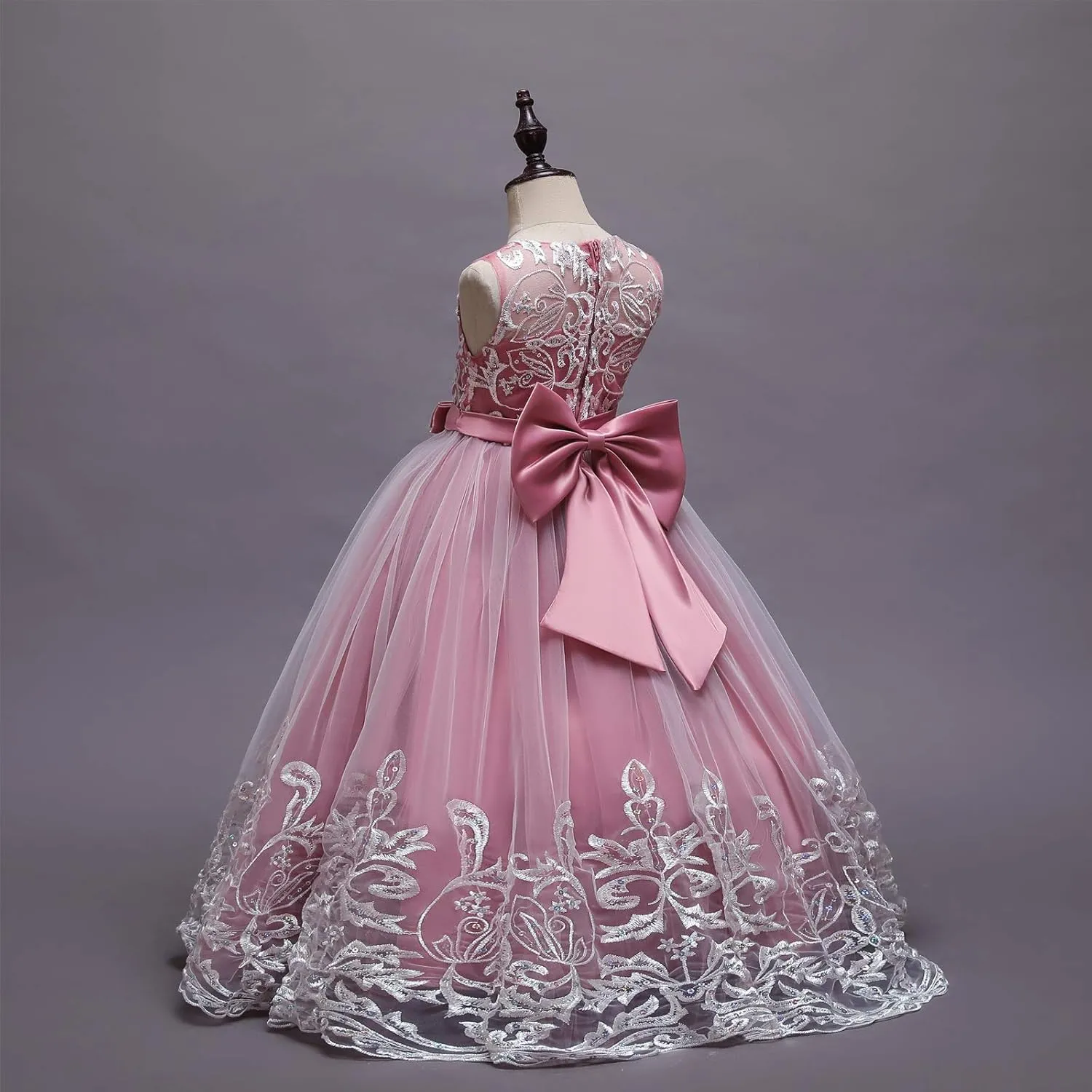 Flower Girl Lace Dress for Kids Wedding Bridesmaid Pageant Party Formal Long Gown Princess Communion Tulle Bow Dresses