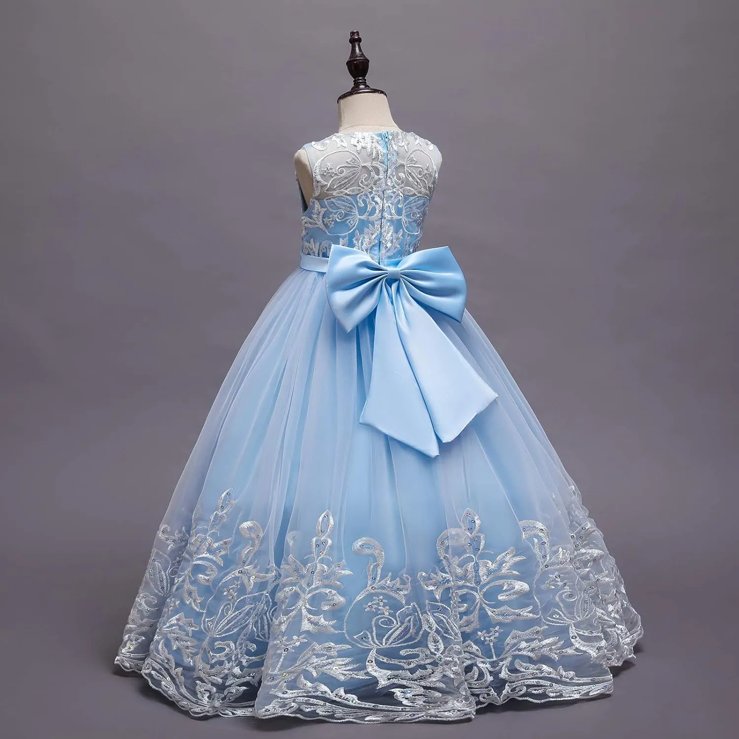 Flower Girl Lace Dress for Kids Wedding Bridesmaid Pageant Party Formal Long Gown Princess Communion Tulle Bow Dresses