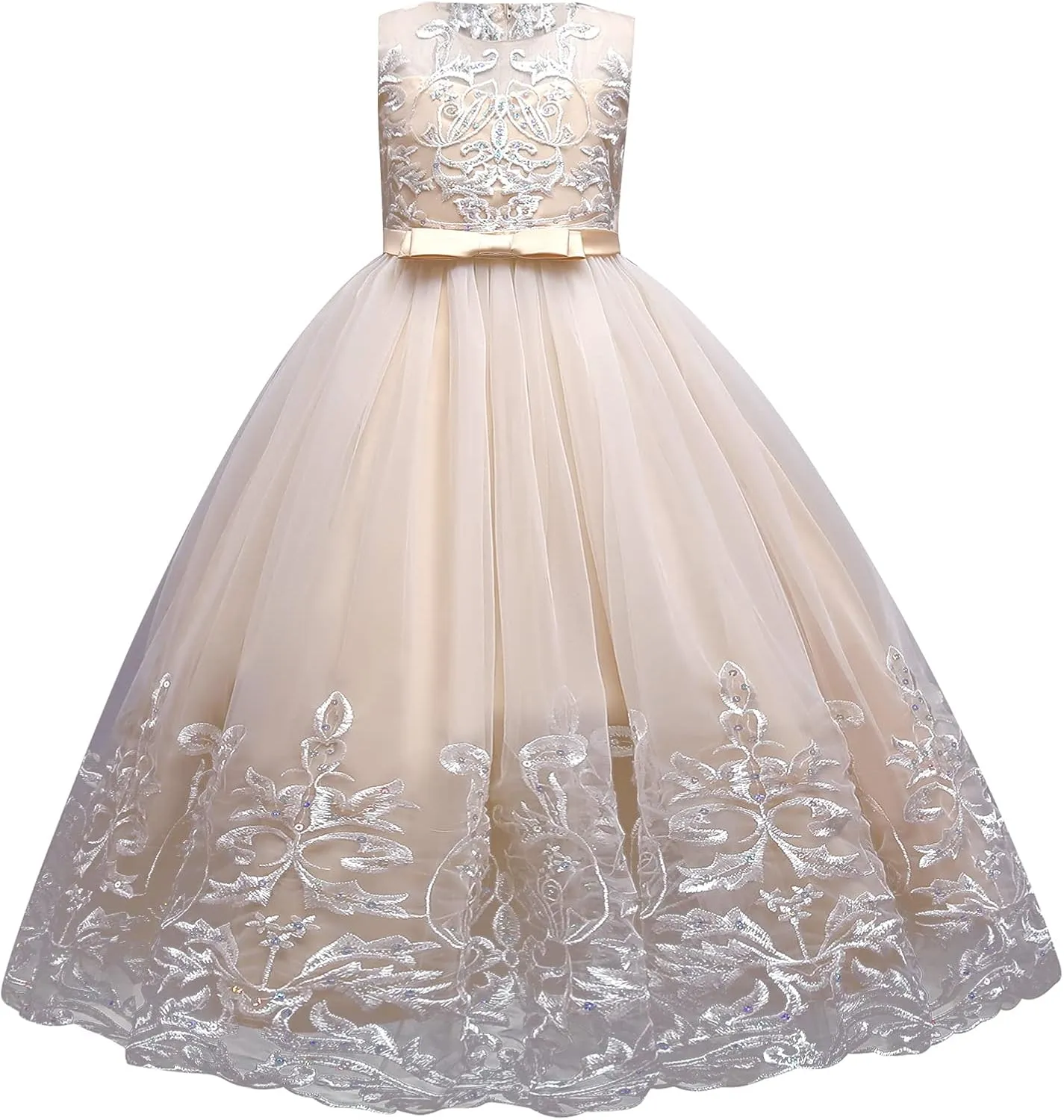 Flower Girl Lace Dress for Kids Wedding Bridesmaid Pageant Party Formal Long Gown Princess Communion Tulle Bow Dresses