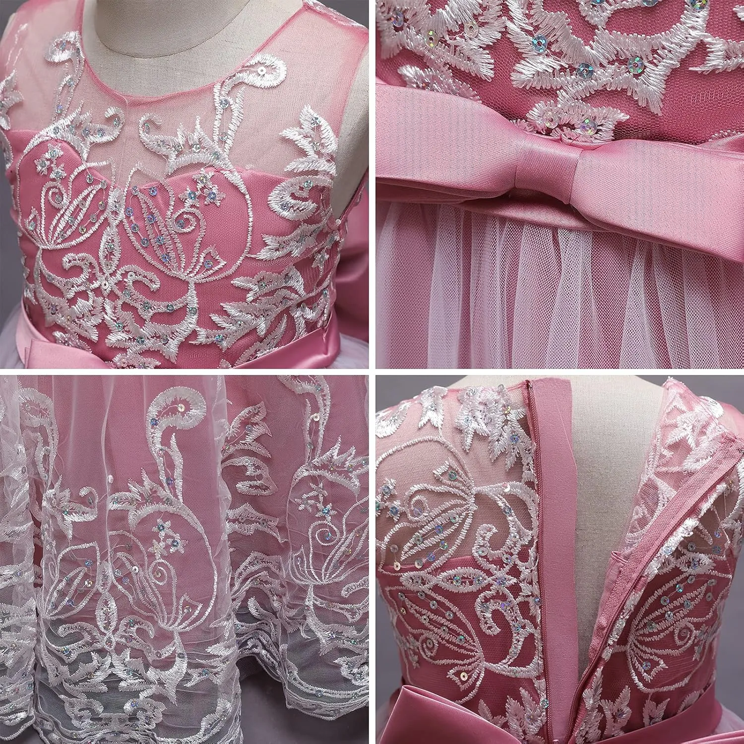 Flower Girl Lace Dress for Kids Wedding Bridesmaid Pageant Party Formal Long Gown Princess Communion Tulle Bow Dresses