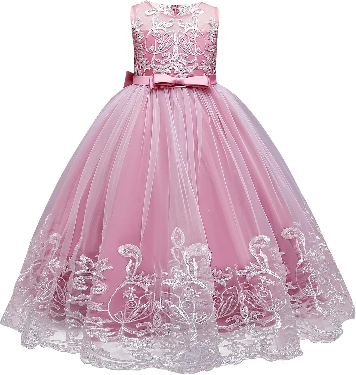 Flower Girl Lace Dress for Kids Wedding Bridesmaid Pageant Party Formal Long Gown Princess Communion Tulle Bow Dresses