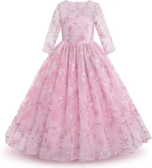 Flower Girls Long Lace Bridesmaid Dress 3/4 Sleeves Floor Length Wedding Party Evening Formal Pegeant Maxi Tulle Ball Gowns