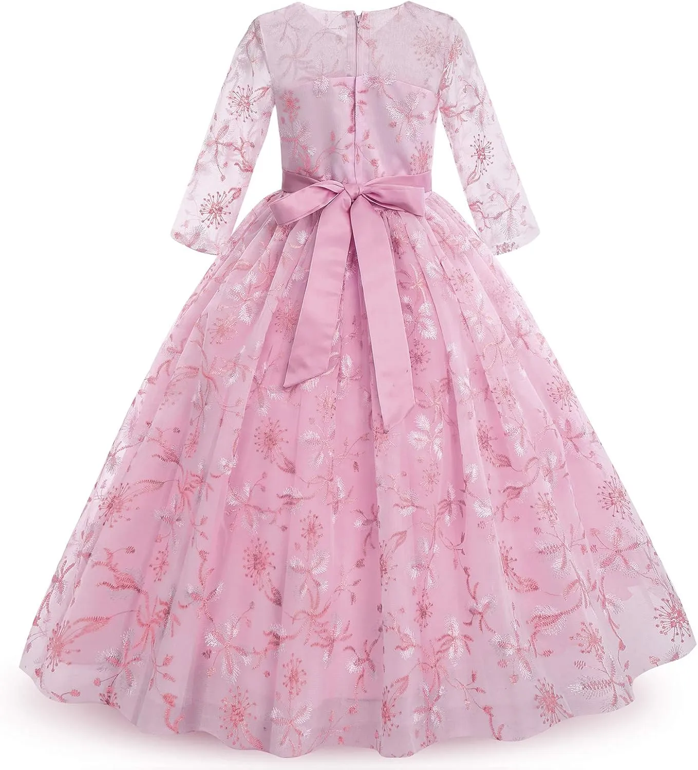 Flower Girls Long Lace Bridesmaid Dress 3/4 Sleeves Floor Length Wedding Party Evening Formal Pegeant Maxi Tulle Ball Gowns