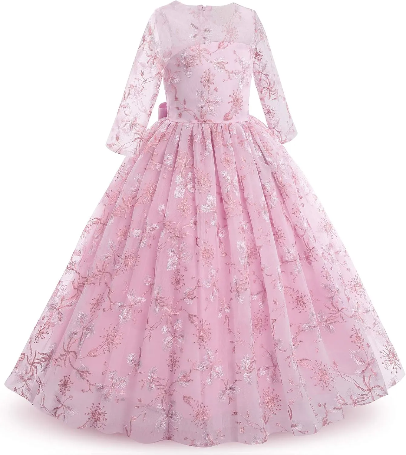 Flower Girls Long Lace Bridesmaid Dress 3/4 Sleeves Floor Length Wedding Party Evening Formal Pegeant Maxi Tulle Ball Gowns