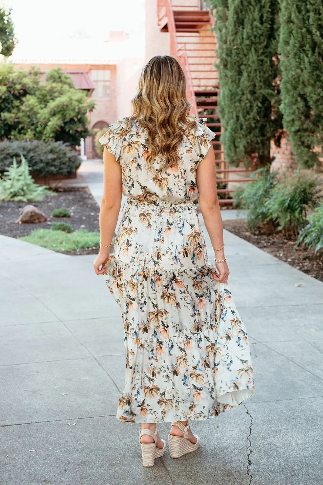 Flutter Sleeve Satin Tiered Dress