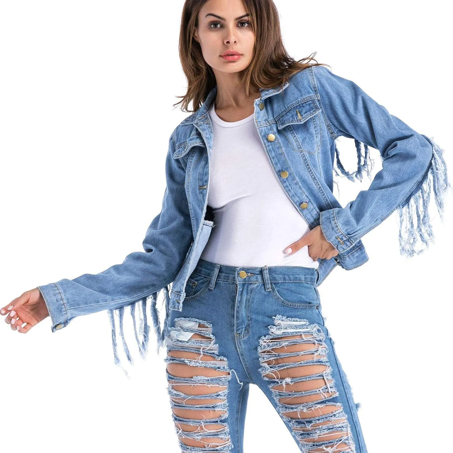 Flygo Women's Tassels Distressed Denim Jackets Jean Trucker Outwear